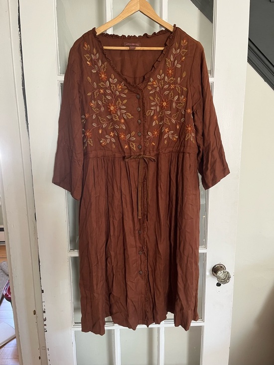 April Cornell Dresses & Skirts - April Cornell Rust Brown Embroidered Button-Front Midi Dress